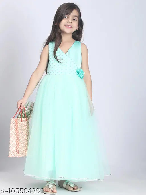 Aqua chiffon girls party dress with ruffle trim and flower appliqué