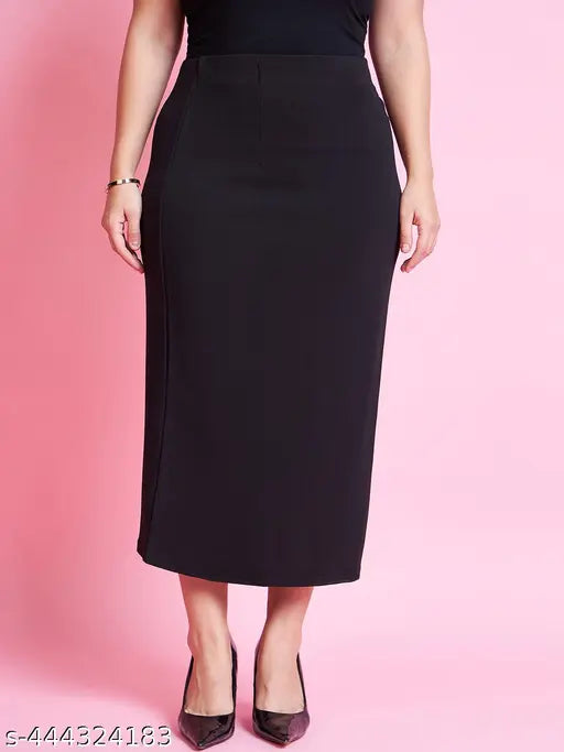 Plus size black pencil skirt, polycotton formal wear for women, calf length with stretch, solid pattern, available in multiple sizes (34-44)