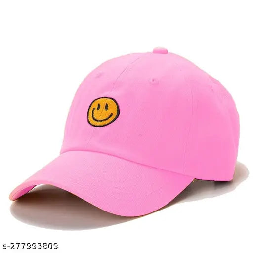 Pink cotton cap with smiley face embroidery, adjustable strap