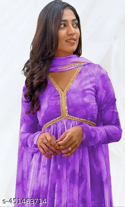 Georgette Anarkali Aliya cut kurti Dupatta Set, long sleeves, printed pattern. Indian traditional women's gown and dupatta set for festive wear or parties