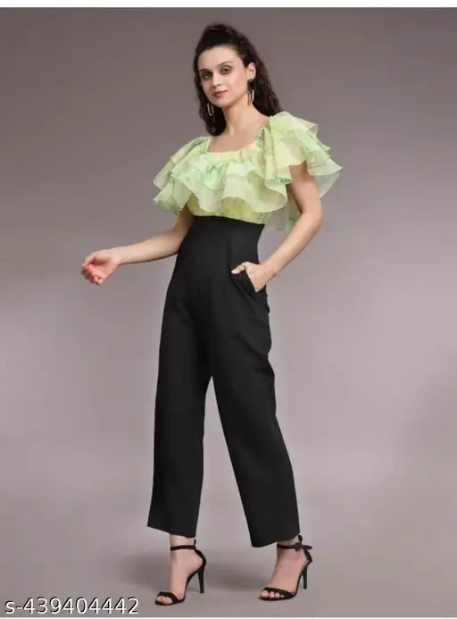 Green Lycra short-sleeve VU jumpsuit on model, dyed/washed pattern for women's casual wear. Multiple sizes available (S-XXL). Made in India