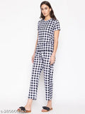 Striped cotton blend night suit set for women, short sleeves, checked pattern, size M from Solzeiq, made in India