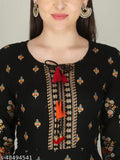 Gold-printed black rayon anarkali kurtis for women and girls, three-quarter sleeve, printed combo on display