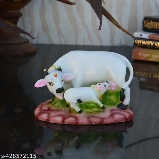 Seema Handicraft Kamdhenu Cow with Calf Polyresin Statue, white and green cow murti for wedding, anniversary, or spiritual gifts