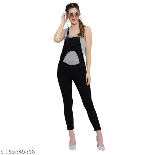Denim high waist sleeveless dungaree jumpsuit for ladies, solid pattern, India origin