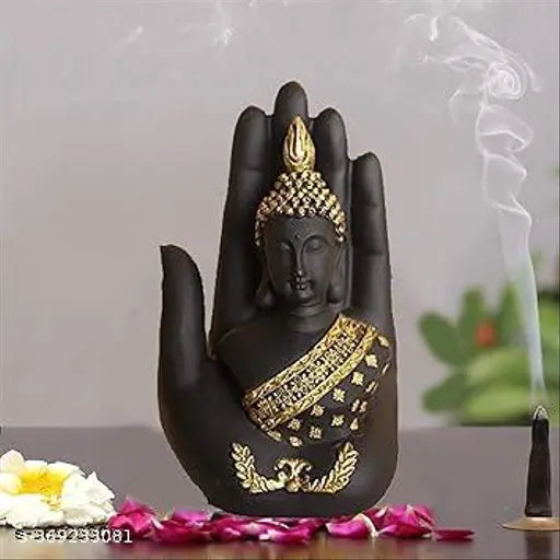 Black polyresin Buddha hand statue (Height: 17 cm), traditional Indian artisan crafted