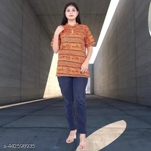 Cotton printed net short-sleeved Women's kurta, Indian Mahakaal design, M and L sizes available (25 in, 26 in length)