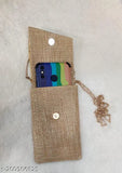 Handheld purse in burlap, features a handle and clip closure, with a smartphone inside