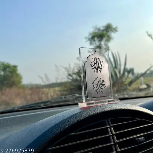 Transparent Silver Allah Mohammed Islamic Car Stand, elegant Islamic dashboard decor for travel