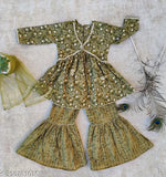 Cotton printed Nushrat anarkali kurti & sharara set with net dupatta, floral print & Gota lace, suitable for 3-4, 7-8, 11-12, or 13-14-year-olds