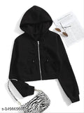 Black fleece cropped zip-up hoodie, solid color, women's winter jacket (S-XL)