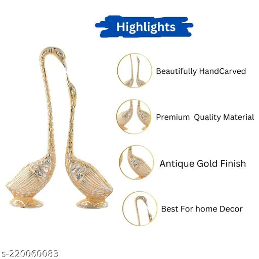 Golden aluminum swan pair figurines, elegant home decor for drawing rooms, Indian craftsmanship