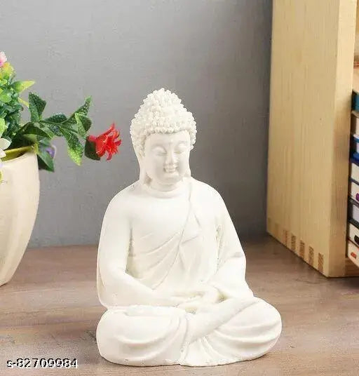 Handcrafted white polymarble Dhyan Buddha statue, 5.5-inch tall, Indian idol on meditation cushion