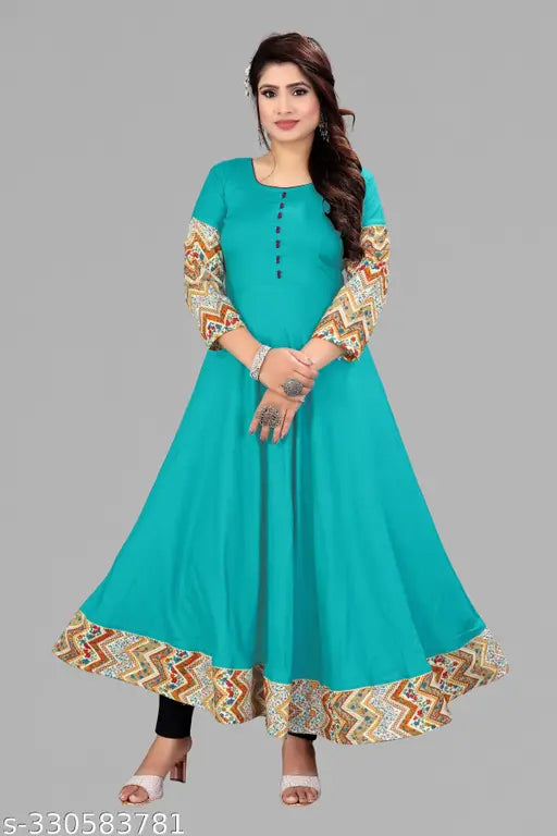Aqua Blue Viscose Rayon Tussle Tie Anarkali Kurti with three-quarter sleeves, casual office wear, comfortable and breathable