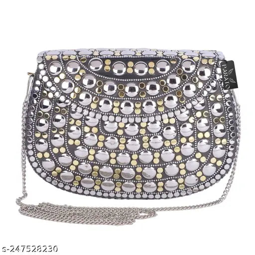 Silver and gold metal clutch with sequins, sling bag