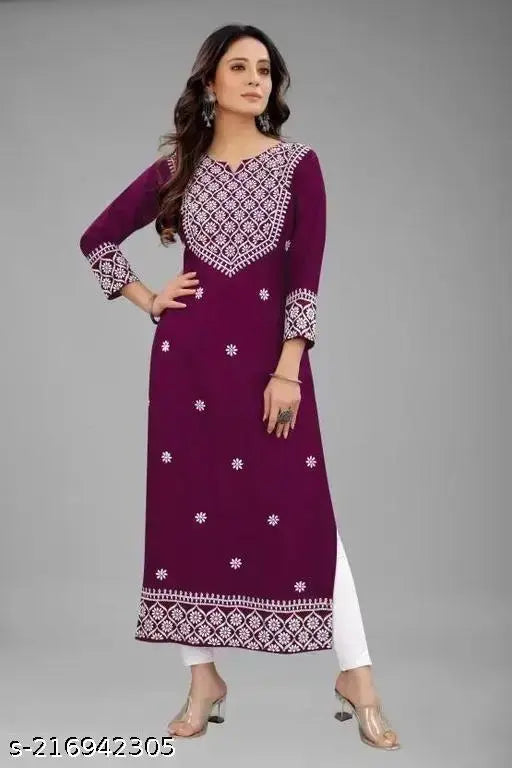 Rayon Chikankari three-quarter sleeve kurti for women, embroidered with traditional Indian designs, perfect for functions, festivals, parties, and weddings