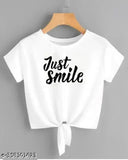 Trendy white crop top with 'just smile' printed design, short sleeves made from Lycra. Fits S-XL sizes