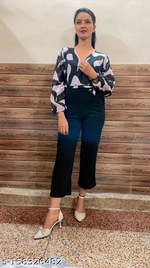 Printed floral Georgette jumpsuit with long sleeves, cotton blend fabric, belt included. Women's fashion accessory for daily or party wear