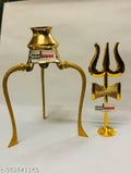 Brass Pooja Lota Set with Trishul and Shivling stand, gold plated, Indian origin, 10cmx10cmx12cm for jalabhishek during puja