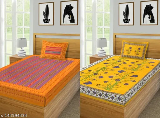Jaipuri cotton single bed sheets combo pack, features 2 bedsheets & 2 pillow covers, ideal for adults, made in India (180 thread count)