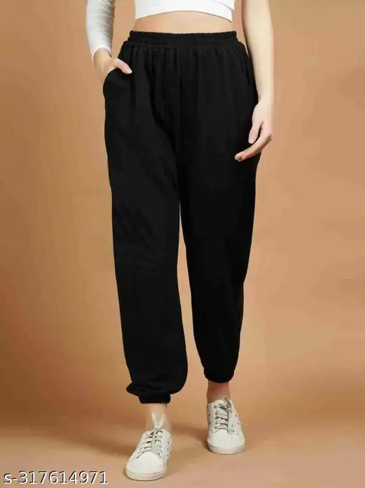 Women's winter cotton blend joggers, 100% fleece fabric with elastic waistband and deep side pockets, ideal for sports, gym, running. Solid color, size 28 (waist: 28in, length: 37in), made in India