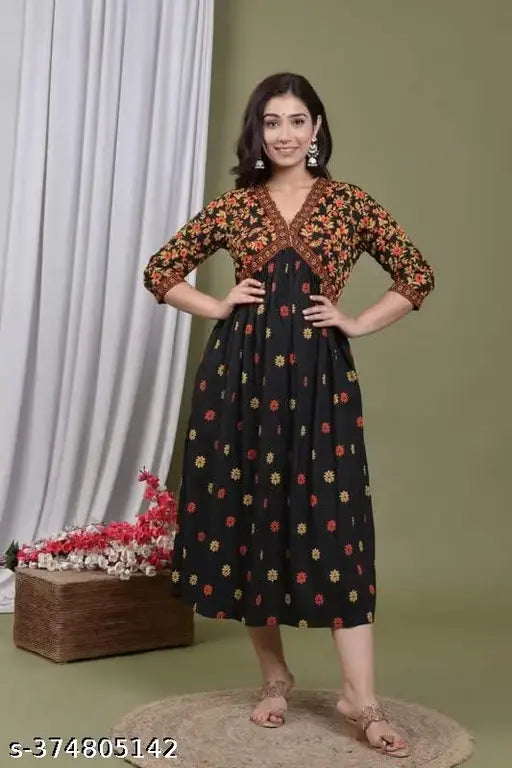 New black rayon floral printed anarkali kurti for women's ethnic wear party gown - trendy print, comfortable and fashionable
