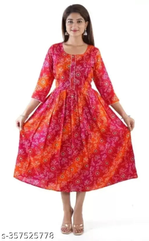 Orange rayon long a-line maternity kameez dress with zipper