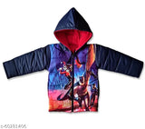 Navy blue padded boys' hooded jacket with superhero print
