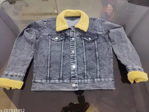 Black faux fur collar denim jacket, casual style