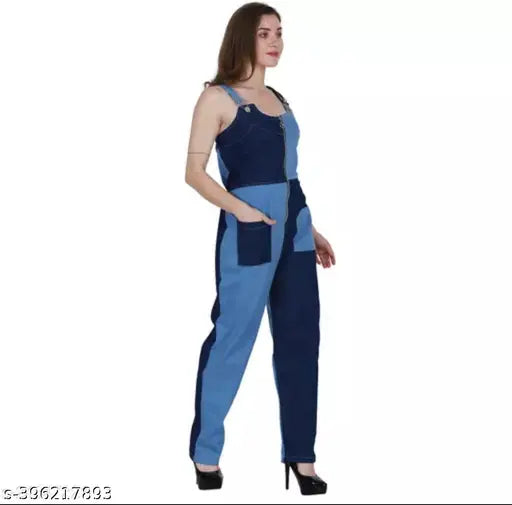 Blue denim check jumpsuit Dangaree, sleeveless and colorblocked design, women's fashion accessory from India