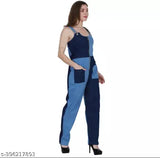 Blue denim check jumpsuit Dangaree, sleeveless and colorblocked design, women's fashion accessory from India