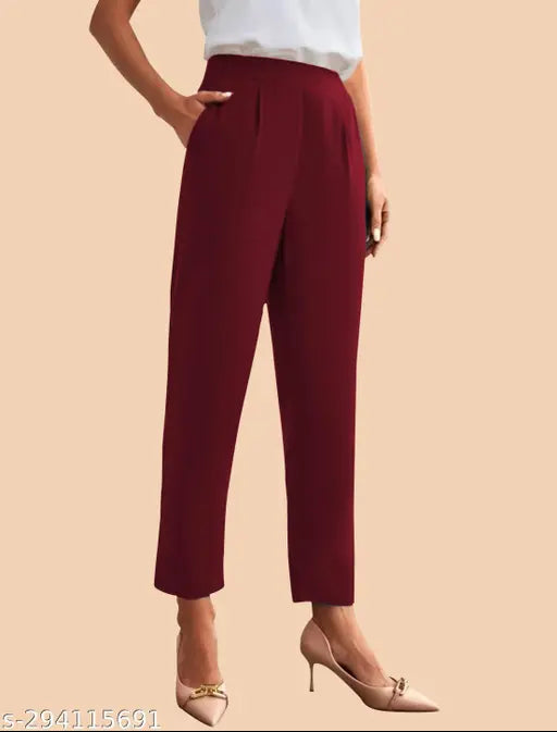 Maroon high waist trousers with elastic band and side pocket