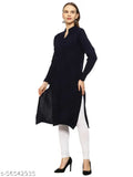 Navy blue wool embroidered women's straight kurti
