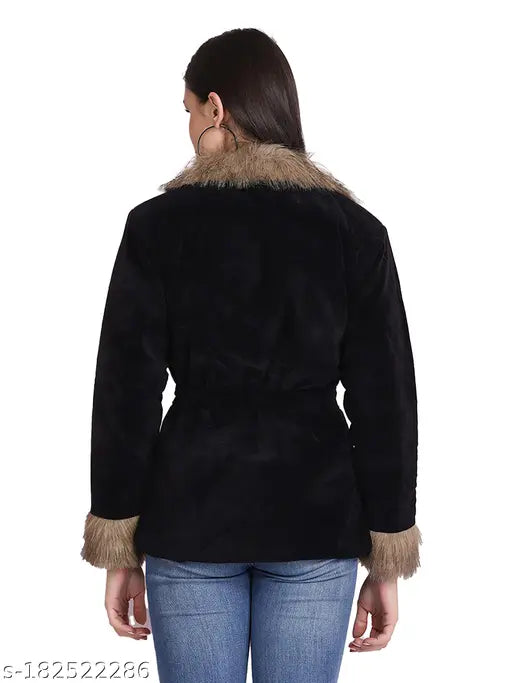 Black faux fur jacket with a wide belt