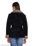 Black faux fur jacket with a wide belt