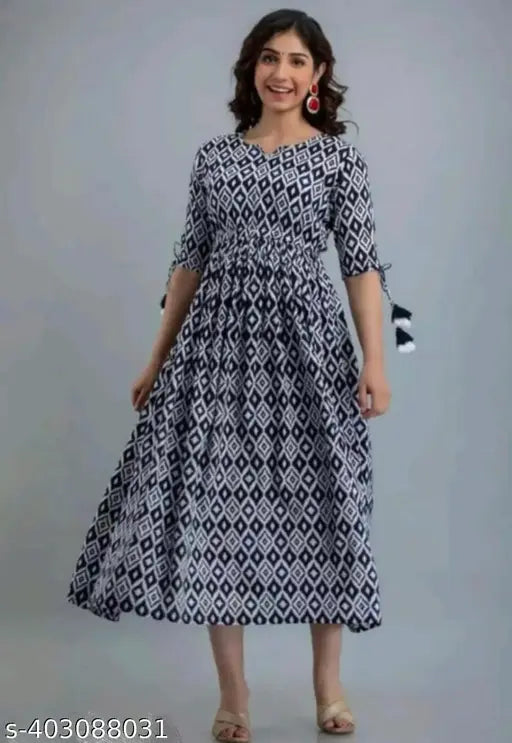 Women's long-sleeved blue anarkali dress, patterned fabric, A-line cut