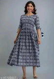 Women's long-sleeved blue anarkali dress, patterned fabric, A-line cut
