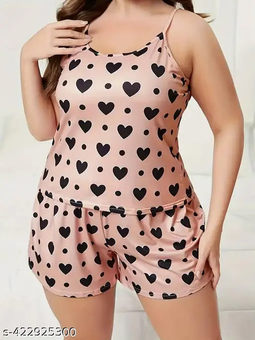 Satin printed nightwear set for women, featuring top and shorts, graphic design on satin material