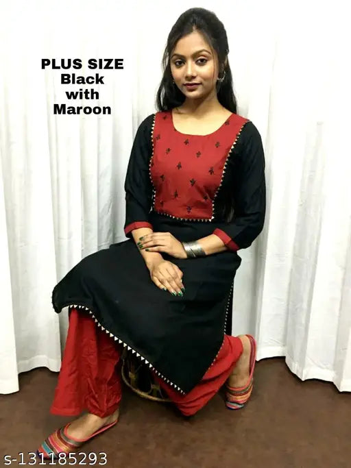 Plus-size embroidered rayon slub kurta set, solid design in Indian manufacturing by ZP Brand, three-quarter sleeves, palazzo bottoms