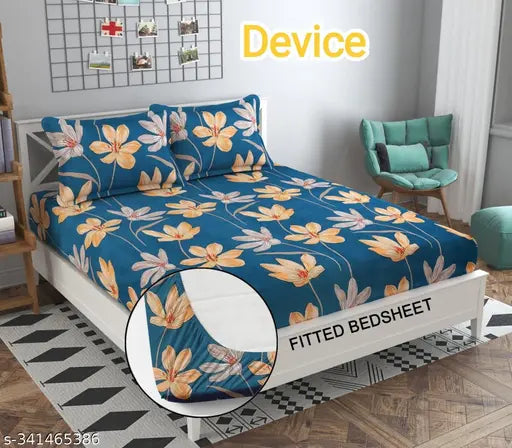 DEVICE Branded multi-colored elastic fitted double bedsheet with 2 pillow covers, ideal for adults in summer. Cotton blend, 6" deep pocket size, machine washable
