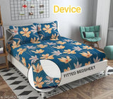 DEVICE Branded multi-colored elastic fitted double bedsheet with 2 pillow covers, ideal for adults in summer. Cotton blend, 6" deep pocket size, machine washable
