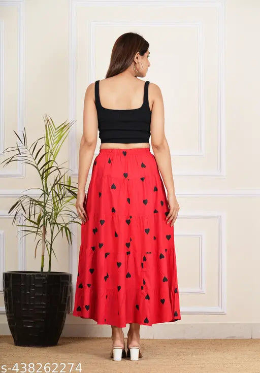 Red love print viscose rayon skirt, free size with printed net pattern, from India
