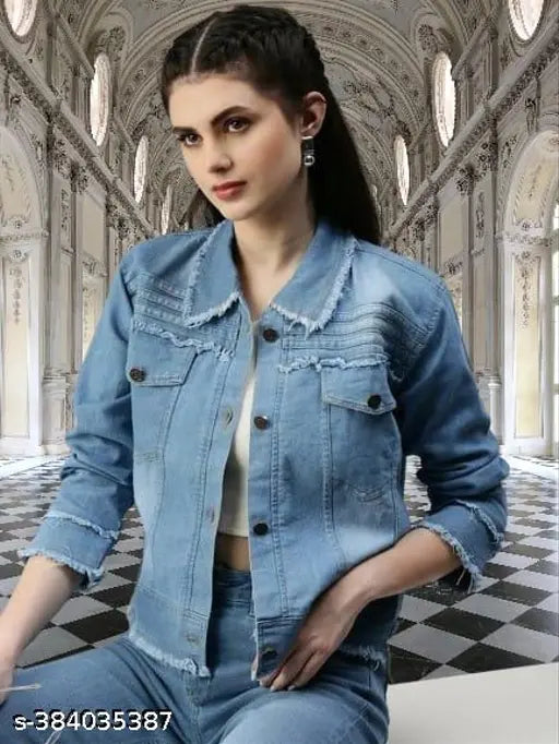 Denim jacket for women and girls, solid color, long sleeves, available in S, M, L, XL sizes (S: 34in bust, 20in length; M: 36in bust, 20in length; L: 38in bust, 21in length)