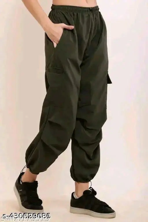 Black cotton blend lycra stretch women's cargo pants wide leg baggy