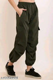 Black cotton blend lycra stretch women's cargo pants wide leg baggy