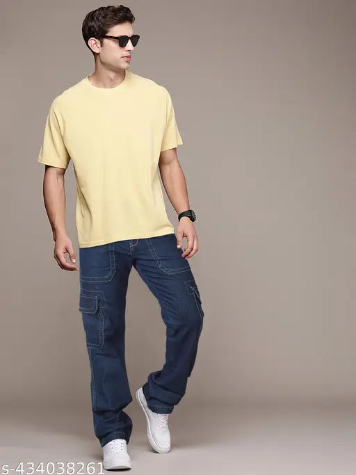 Dark blue men's cargo jeans with pockets, front zip fly