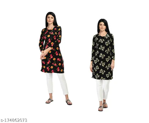 IndiWeaves digital printed velvet warm kurtis [pack of 2] - three-quarter sleeves, full sleeve, perfect winter wear