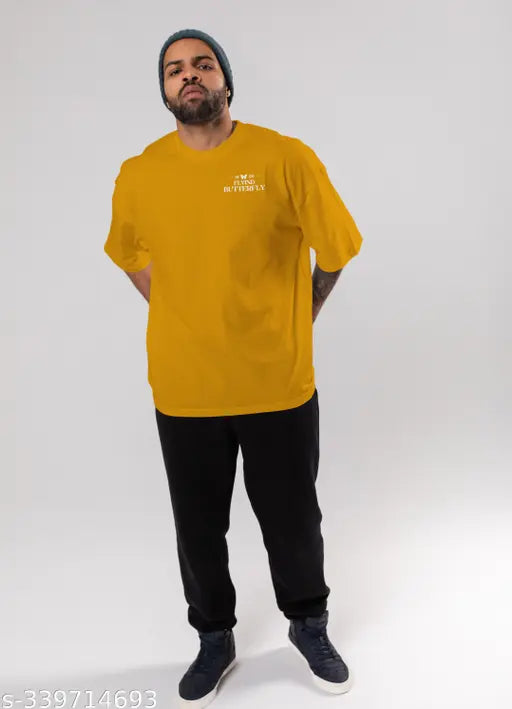 Yellow polycotton three-quarter sleeve men's graphic print t-shirt, FLYIND VOGUE OUTFIT, drop shoulder style, made in India