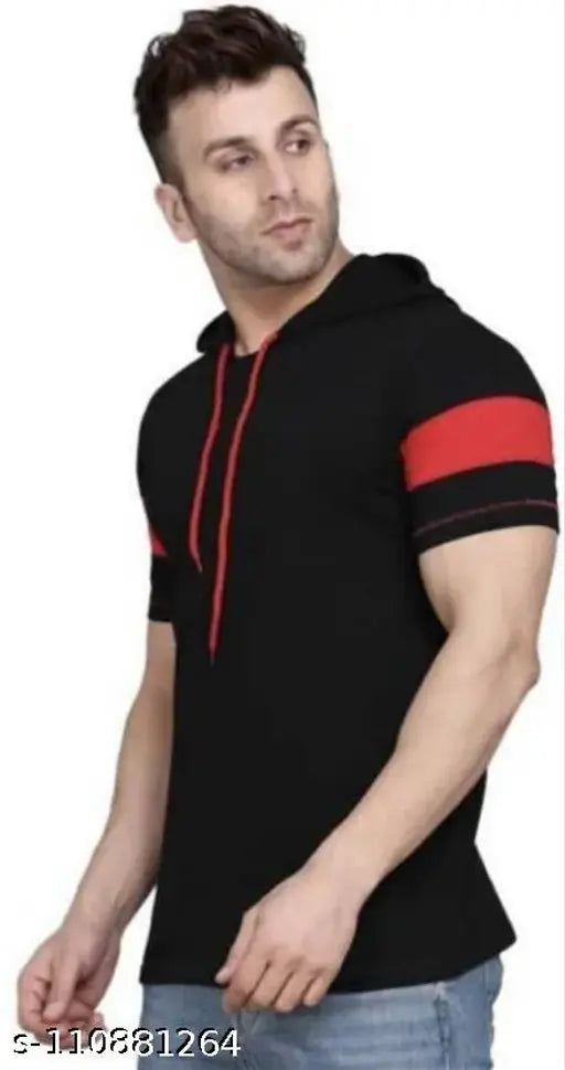 Black cotton blend hoodie for men, solid net pattern, short sleeves by kainchee factory, India