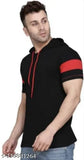Black cotton blend hoodie for men, solid net pattern, short sleeves by kainchee factory, India